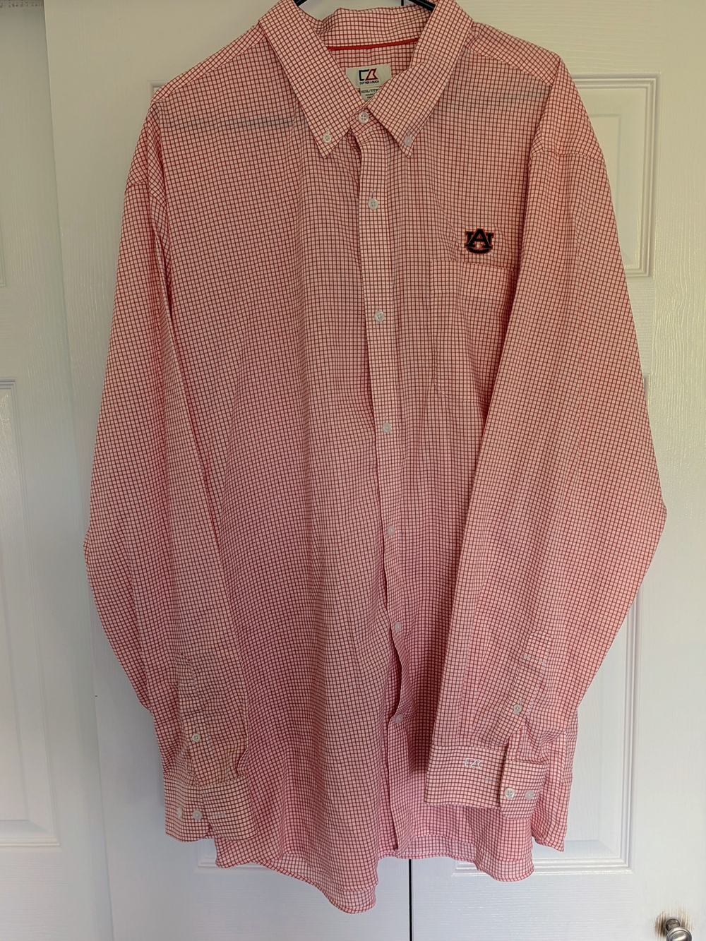 Cutter & Buck Men's Orange Gingham Button-Down Shirt with Auburn Logo